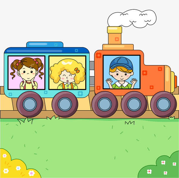 卡通手绘草地火车上可爱小朋友