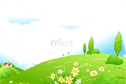卡通手绘翠绿草地花朵树木房屋