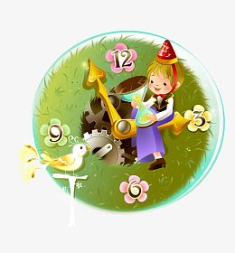 卡通手绘草地时钟小孩小鸟