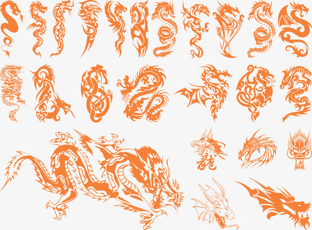 中国龙西方龙剪影纹身矢量图