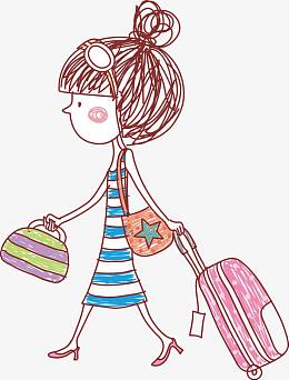 手绘拉着行李箱的女孩