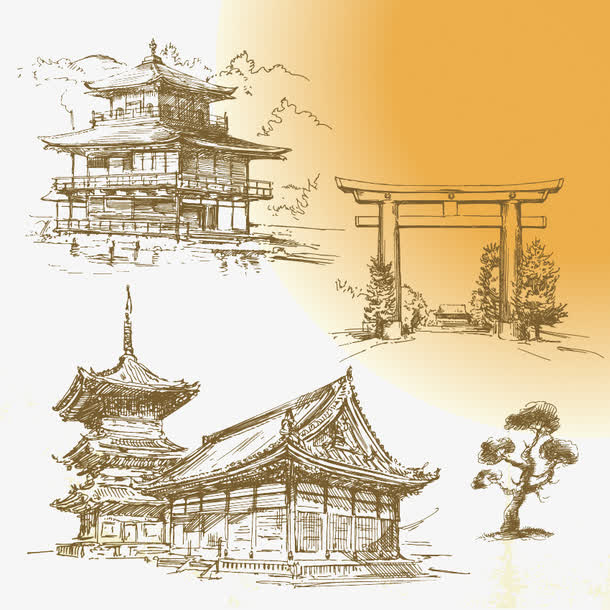 3款手绘古代建筑矢量素材