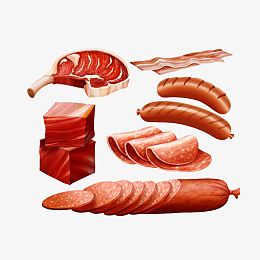 切片的火腿肠与猪肉