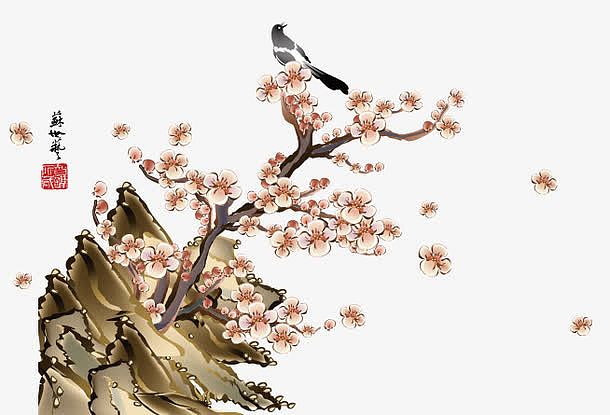 中国风水墨站在梅花枝头的喜鹊