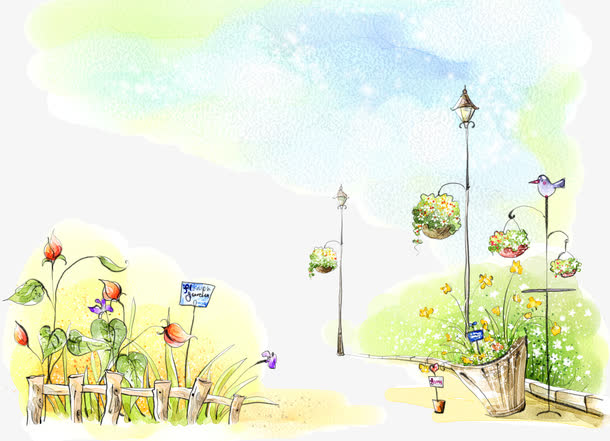 手绘水彩小清新花园背景图