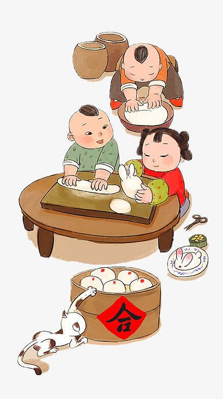 传统春节古典人物揉面团