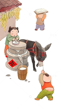 传统春节古典人物磨豆子