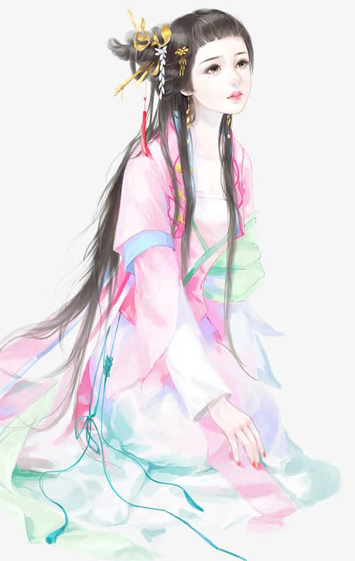 人物png古代美女psdpng水蓝色鎏金清新唯美国风古装汉服设计手绘图ai