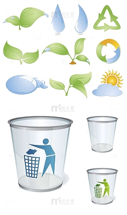 垃圾桶绿叶箭头标签矢量图