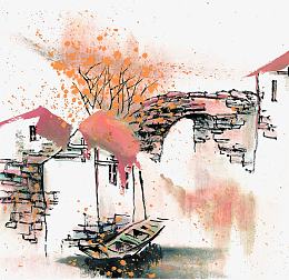 江南水乡秋天水墨画