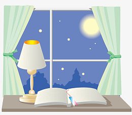 夜晚的月亮台灯和书本