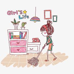 听歌扫地的小女孩