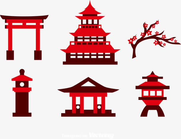 红色寺庙建筑矢量