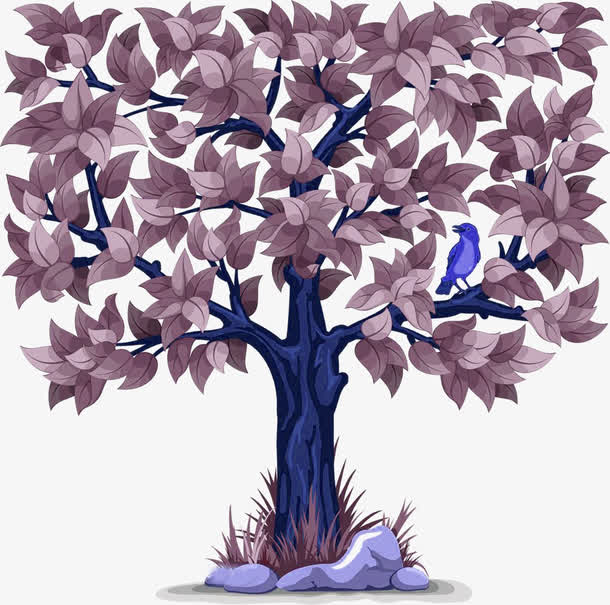 秋冬手绘树木小鸟水彩插画