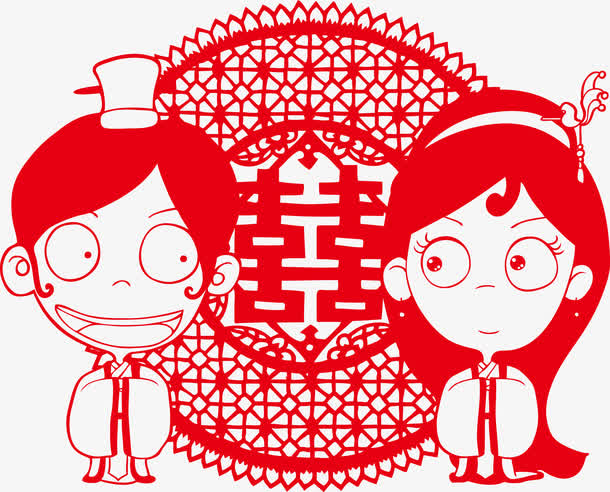 红色卡通古装情侣喜字背景矢量图