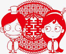 红色卡通古装情侣喜字背景矢量图