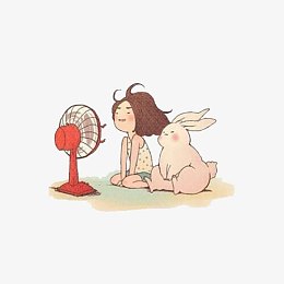 小女孩和大胖兔子吹风扇