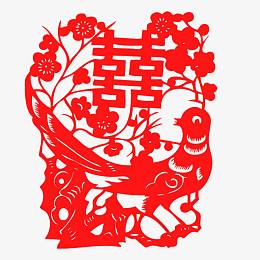 双喜花鸟剪纸素材