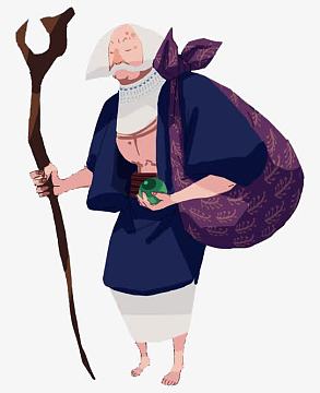 游戏人设背大包袱拄拐杖的老人