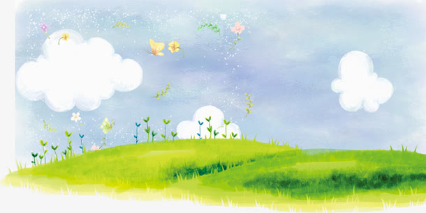 高清手绘草坪白云树苗