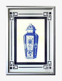 中国风青花瓷瓶金属框壁画