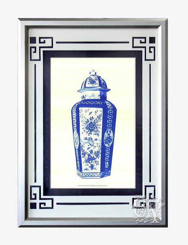 中国风青花瓷瓶金属框壁画