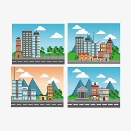 卡通扁平化城市建筑矢量素材,