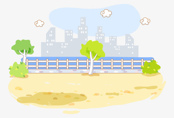 卡通手绘江景城市江边树木