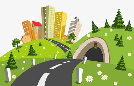 马路旁的城市png森林道路背景jpg卡通手绘城市建筑树木路灯马路aipng