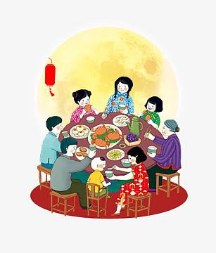 吃团圆饭png中秋悬浮中秋节卡通灯笼psdjpg中秋背景手绘人物烟花中秋