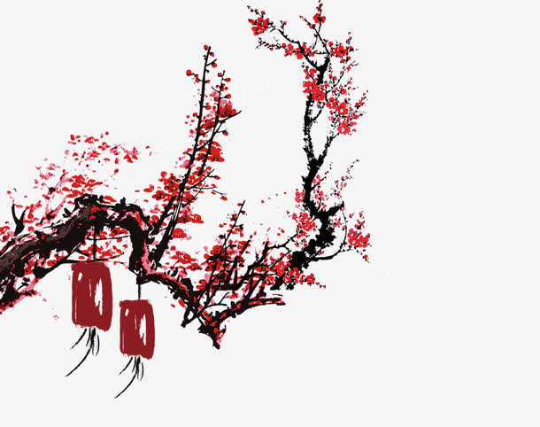挂着灯笼的梅花树元素