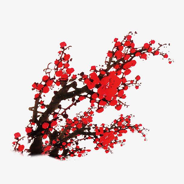 中国风红色水墨梅花装饰图案