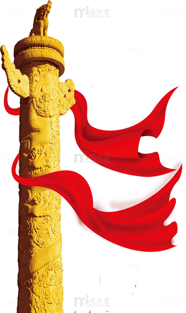 雕刻雕花柱子红色飘带
