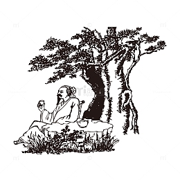 国画白描品茶图矢量素材