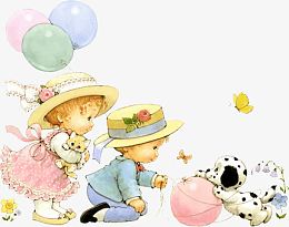 手绘与小狗两兄妹玩耍