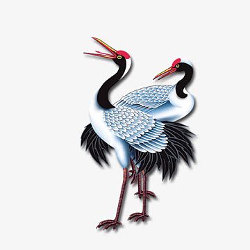 卡通手绘仙鹤插画png油画两只跳舞的丹顶鹤png两只站立丹顶鹤png两只