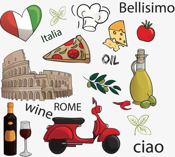 矢量手绘意大利风情免抠素材免费下载_觅元素51yuansu.com