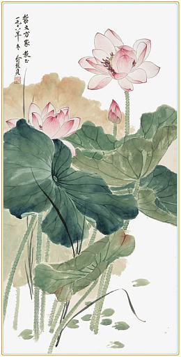 精致手绘国画荷花