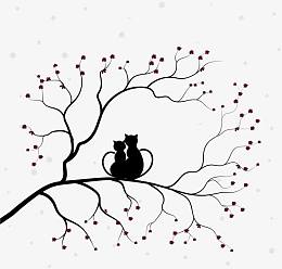 卡通猫咪枯树剪影背景装饰矢量图