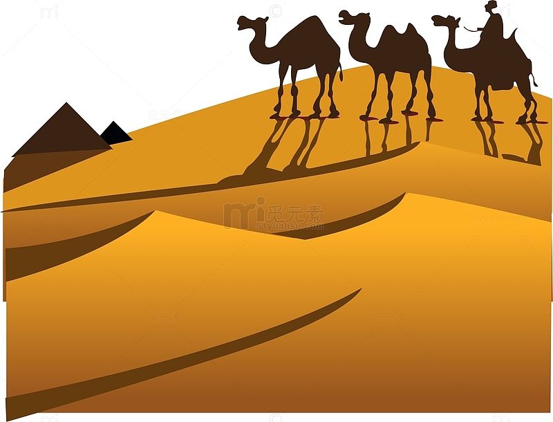 金色沙漠上的骆驼剪影矢量