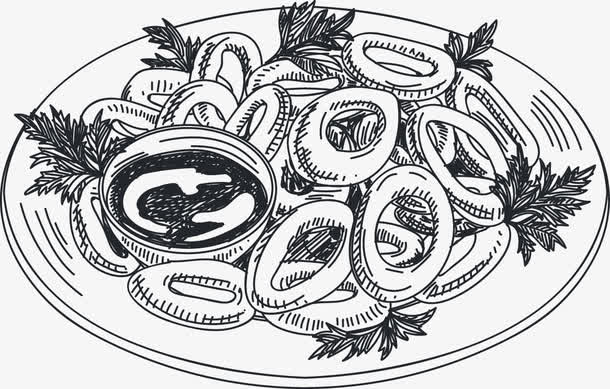 手绘盘装鱿鱼圈海鲜线稿