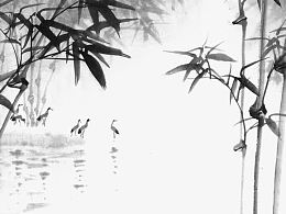 水边小鸟竹子水墨画