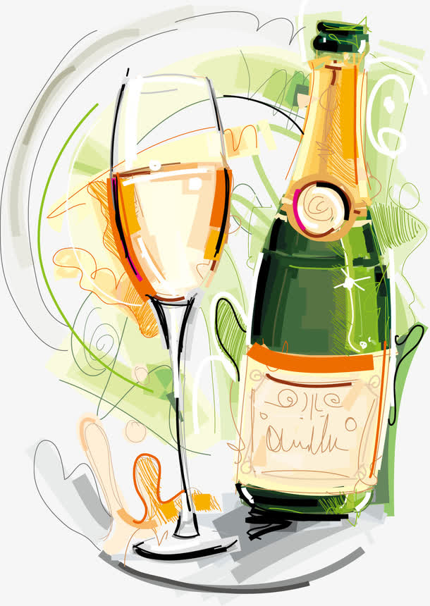 水彩香槟和酒杯