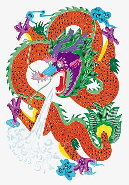 中国风传统剪纸图案喷水的龙