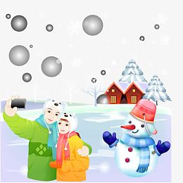 和雪人一起自拍的情侣