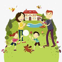 温馨的四口之家户外活动矢量图