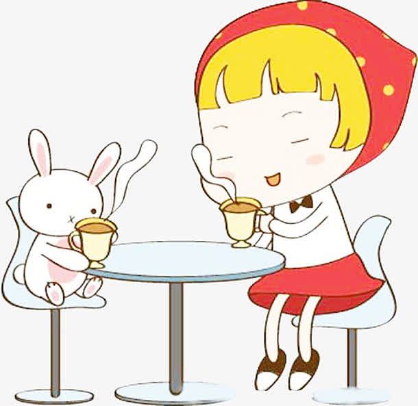 小卡通美女喝茶图片素材