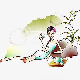 美女躺着喝茶图片素材