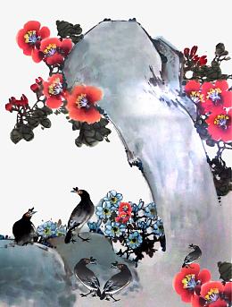 石头花朵小鸟水墨画