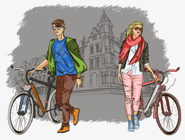 街头骑车的男女